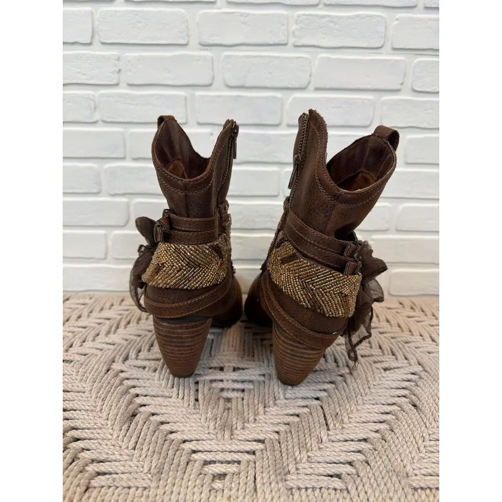 Not Rated Western Beaded Ankle Booties Brown Studded Wedge 10M